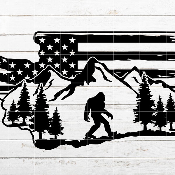 Bigfoot Mountain SVG, Washington Distressed American Flag svg, Camping svg, Nature Scene SVG, Sasquatch svg, Silhouette Laser Engraving