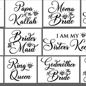 Op de afbeelding: Een set van 10 bruiloftsborden met zwarte kalligrafietekst en diamant-illustraties. De borden bevatten titels zoals "Neef van de bruidegom", "Papa van de Killah", "Moeder van de bruid", "Ring Security", "Mini bruid", "JR bruidsmeisje", "Ik ben de bewaarder van mijn zussen", "Bruidegom Crew", "Ring Queen", "Peetmoeder van de bruid" en "Oom van de bruid".