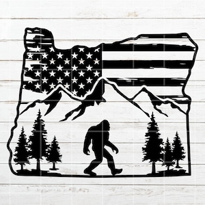 Bigfoot Mountain SVG, Oregon Distressed American Flag svg, Camping svg, Nature Scene SVG, Sasquatch svg, Silhouette Laser Engraving