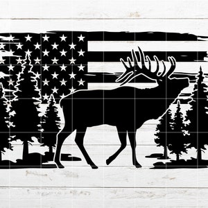 Elk SVG, Distressed American Flag SVG, Nature Scene SVG, Hunting svg, Camping svg Cut File for Cricut, Silhouette, Laser Engraving