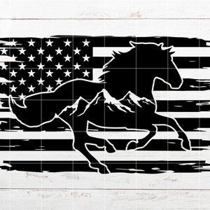 May include: A black silhouette of a horse running across a distressed American flag. The horse is running towards the right side of the image. The flag is white and black with a distressed look. The horse has a mountain range in its back.