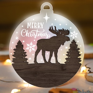 Moose Ornament SVG Glowforge, Christmas laser Cut File, Tree svg, Acrylic Wood Winter Scene multi-layer for CNC machine