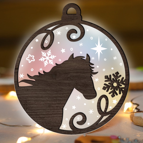 Horse Ornament Glowforge SVG, Christmas Laser Cut File, Acrylic Wood layered, Snowlake svg, Winter ornaments multi-layer for CNC machine