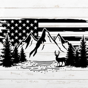 Mountain SVG, Deer SVG, Hunting SVG, Flag svg, Camping svg, Mountain scene svg for Shirt, Distressed flag svg, Cricut, Silhouette, Cut File
