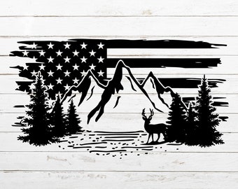 Mountain SVG, Deer SVG, Hunting SVG, Flag svg, Camping svg, Mountain scene svg for Shirt, Distressed flag svg, Cricut, Silhouette, Cut File