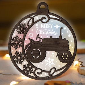 Farm Tractor Christmas Ornament SVG Glowforge, Acrylic Engrave - Wood SVG laser Cut File, Snowflake svg multi-layer for CNC machine