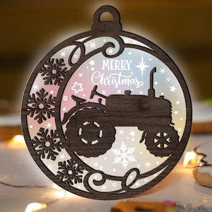 Farm Tractor Christmas Ornament SVG Glowforge, Acrylic Engrave - Wood SVG laser Cut File, Snowflake svg multi-layer for CNC machine