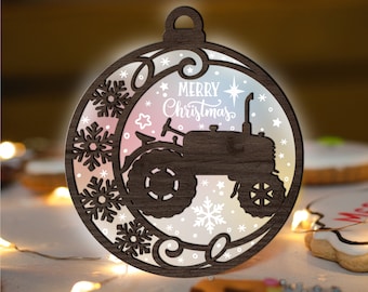 Farm Tractor Christmas Ornament SVG Glowforge, Acrylic Engrave - Wood SVG laser Cut File, Snowflake svg multi-layer for CNC machine
