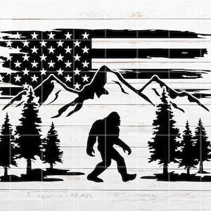 Bigfoot SVG, Mountain SVG, Distressed American Flag svg, Nature Scene SVG, Camping svg, Sasquatch svg, Cricut, Silhouette, Laser Engraving