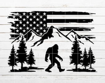 Bigfoot SVG, Mountain SVG, Distressed American Flag svg, Nature Scene SVG, Camping svg, Sasquatch svg, Cricut, Silhouette, Laser Engraving