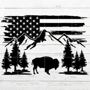Buffalo SVG, Mountain Nature Scene SVG, Hunting svg, Distressed American flag SVG, Camping svg Cut File Cricut, Silhouette, Laser Engraving