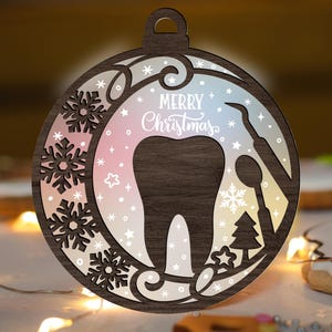 Dentist Christmas Ornament SVG Glowforge, Tooth laser Cut File, Medical gift, Snowflake Acrylic Wood multi-layer for CNC machine