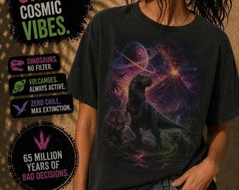 Space Dinosaur T-Rex Volcano Graphic Tee – Prehistoric Cosmic Scene Unisex Shirt