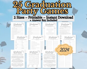 May include: A set of 25 printable graduation party games in two sizes. The games include "Who Knows the Grad?", "Graduation Trivia", "Name That Tune", "Watching Buddies", "Grad Life: High School", "Word Search", "Grad Life: College", "Good Luck Wishes", and "Graduation Bingo". The games are designed for a graduation party and include an answer key.