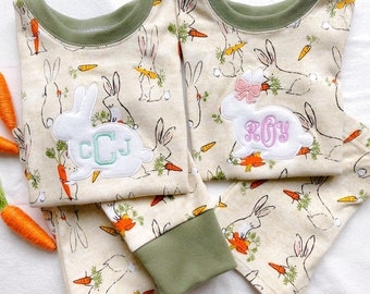 Monogram Easter Pajamas, Matching Siblings Easter pajamas, Girls Boys Baby Toddlers Kids Easter Bunny Carrot pajamas, Easter gifts