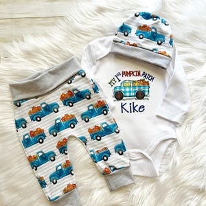 Baby 1st Pumpkin Patch, Baby boy first Fall, Pumpkin Truck Boys 1st Thanksgiving. Monogram Pumpkin shirt, Baby Boys Thanksgiving outfit