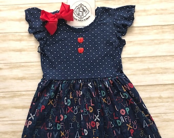Back to school dress, Alphabet navy flutter sleeve dress, School dress for Pre K, Kindergarten, any grade, 1st day of school