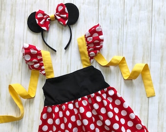 Vestido inspirado en Minnie Mouse, vestido de fiesta de cumpleaños de Mouse, vestido de disfraz de Minnie para Halloween, vestido de lunares rojos, vestido de viaje de Disney