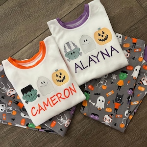 Kids Personalized Halloween Pajamas, Spooky Halloween Monogram PJs, Boys Girls Baby Toddler Kids Halloween Gift Matching Siblings Family Pjs