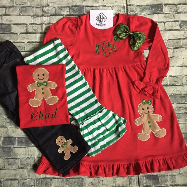 Gingerbread Christmas Shirt, Monogram Christmas dress, Kids Christmas outfit, Matching Gingerbread Boy Girl Tops Dress for Baby Toddler Kids