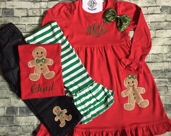 Gingerbread Christmas Shirt, Monogram Christmas dress, Kids Christmas outfit, Matching Gingerbread Boy Girl Tops Dress for Baby Toddler Kids