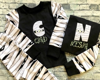 Personalized Halloween pajamas, Monogram Kids Glow in the dark pajamas, Mummy Alphabet Halloween pajamas for Girls Boys Toddlers Kids