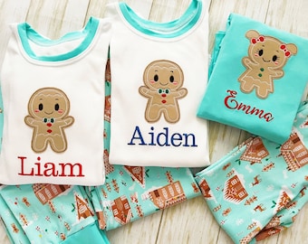 Personalized Christmas pajamas, Gingerbread Christmas PJs Baby Toddlers Kids Girls Boys, Matching Family Siblings Cousins Christmas PJs