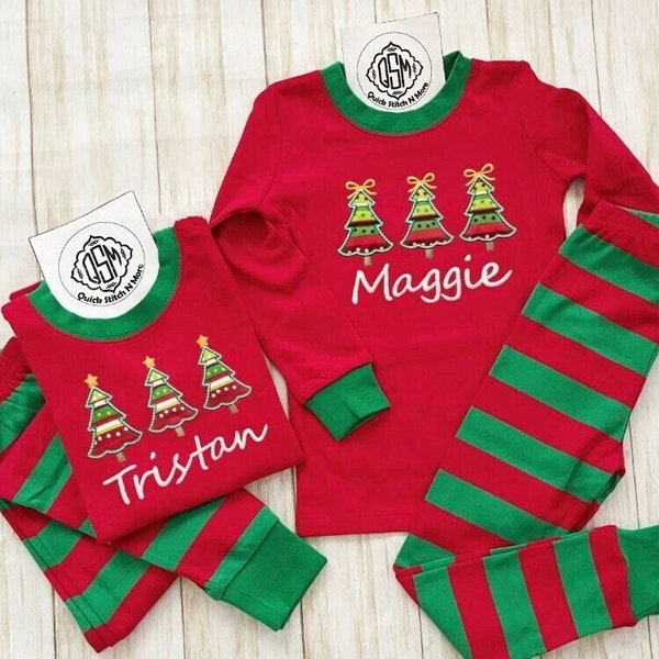 Personalized Christmas pajamas, Monogram Christmas tree embroidery Kids PJs