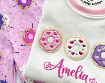 Girls Personalized Valentines Pajamas Kids Toddlers Baby Donut Pjs Sweet Heart Birthday Jammies Heart Donut Valentine&#39;s day Gift