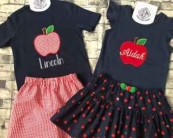 Kids Back To School outfit, School Shirt Shorts Skirt, Apple shirt Apple Skirt, Matching School outfit