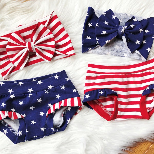 Baby bummies, 4th of July Baby Bummies, Baby First 4th shorties, Baby Headwrap, Baby Bloomer Patriotic Memorial day Red White Blue Star Flag