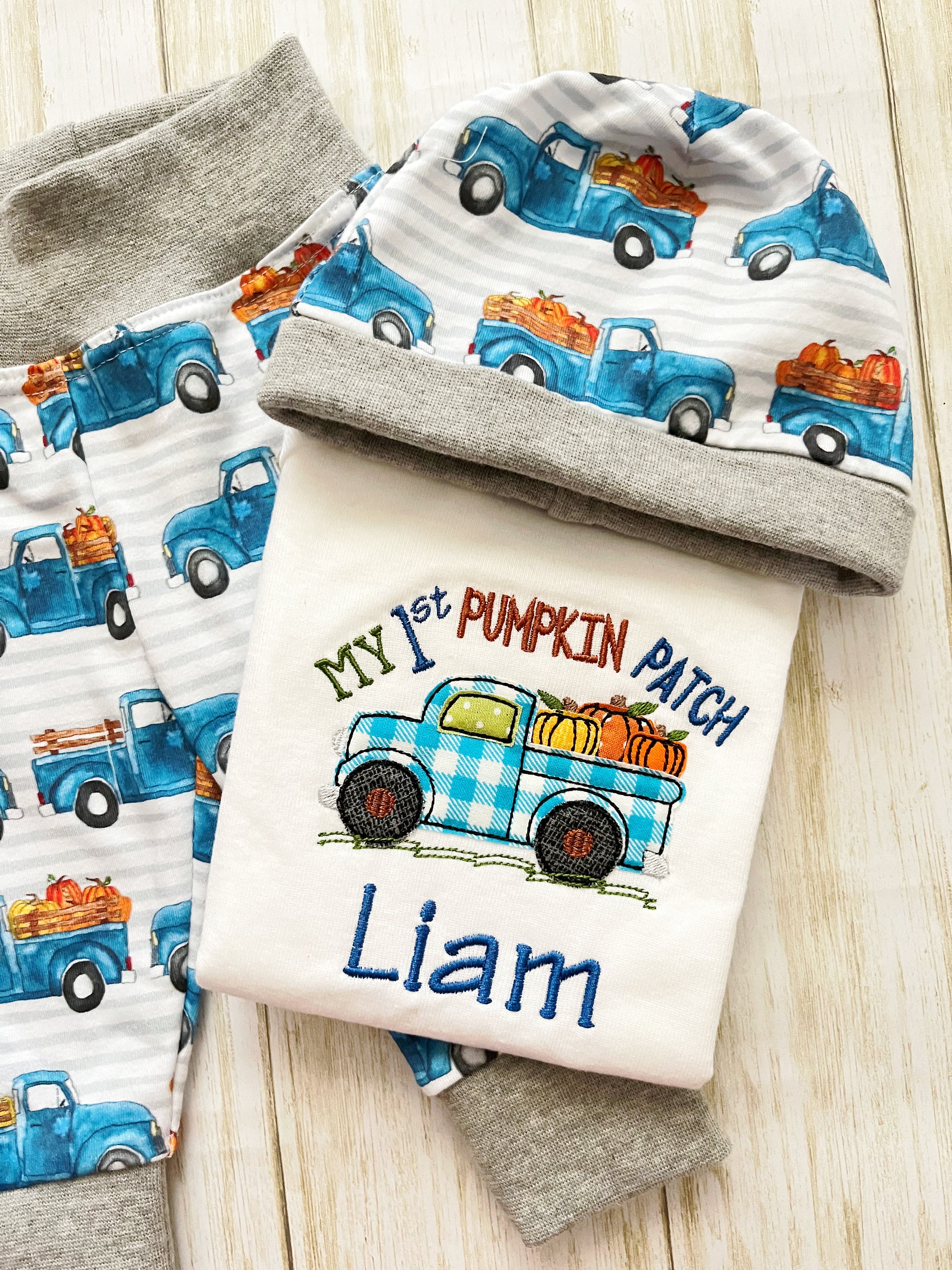 Baby 1st Pumpkin Patch, Baby boy first Fall, Pumpkin Truck Boys 1st Thanksgiving. Monogram Pumpkin shirt, Baby Boys Thanksgiving outfit