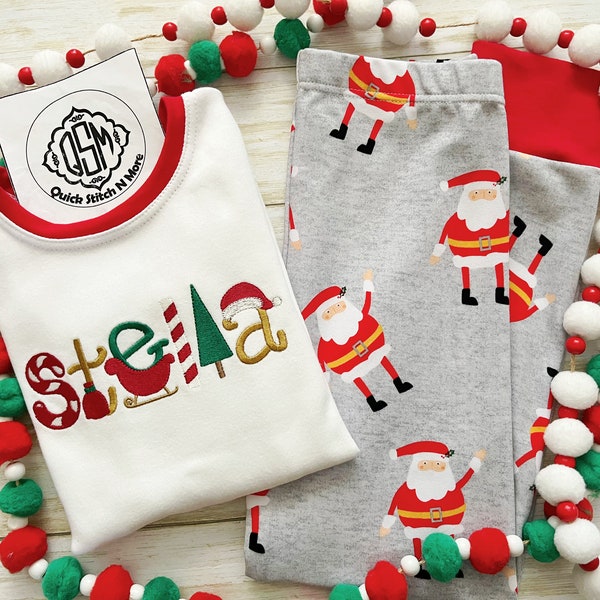 Monogram Christmas Pajamas, Santa Sleigh Neutral Gender Christmas PJs For Kids Baby Toddlers Boys Girls Matching Siblings Cousin Family PJs