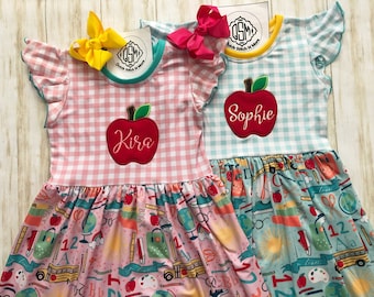 Monogram Back to school dress, Girls First day of school, Kindergarten dress, Pre school dress, 1st Grade 2nd Grade dress, School outfit