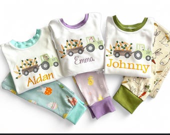Easter pajamas for Kids Boys Girls Toddler, Monogram Easter Pajamas, Bunny Tractor Egg PJS, Matching Siblings Easter Pajamas, Easter Gift