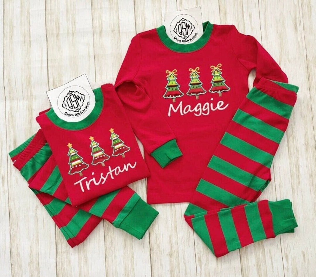 Monogram Pyjamas Personalized Christmas Pajamas, Monogram Christmas Tree Embroidery Kids ...