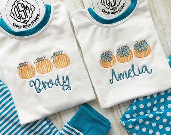 Pumpkin Fall Pajamas Thanksgiving Orange Teal Matching Siblings Girls Boys Kids Toddler Baby Autumn PJs Monogram Thanksgiving Personalized