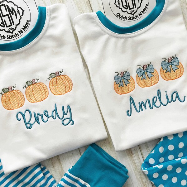 Pumpkin Fall Pajamas Thanksgiving Orange Teal Matching Siblings Girls Boys Kids Toddler Baby Autumn PJs Monogram Thanksgiving Personalized