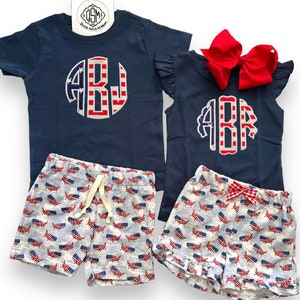 Monogram Fourth of July for Boys Girls Kids Toddler 4th of July Shirt Shorts Outfit, Red White Blue matching Siblings, Memorial Day