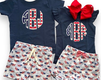 Monogram Fourth of July for Boys Girls Kids Toddler 4th of July Shirt Shorts Outfit, Red White Blue matching Siblings, Memorial Day