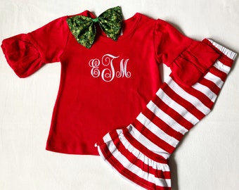 Monogram Christmas shirt for Girls, Girls Christmas outfit, Girls Christmas Shirt, Girls red ruffle pants, Christmas gift