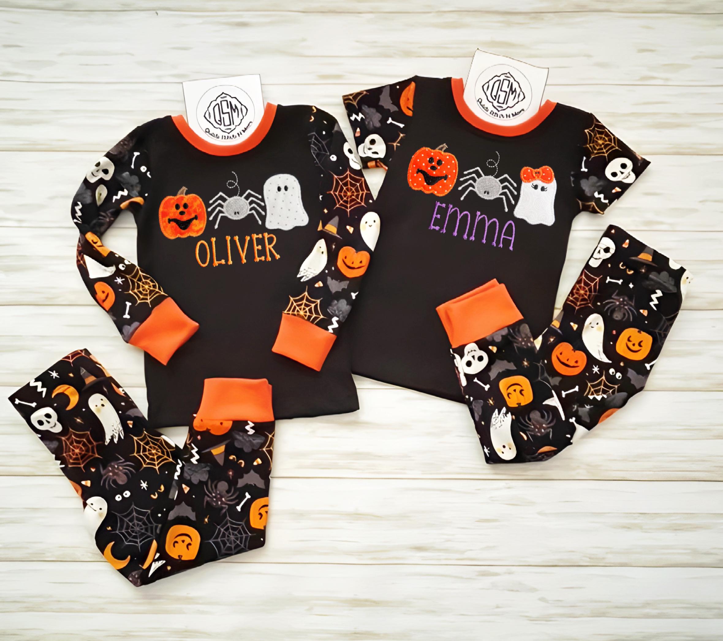 Kids Personalized Halloween Pajamas Pumpkin Jack O lantern Spider Ghost Matching Siblings Boys Girls Toddlers Spooky Cute
