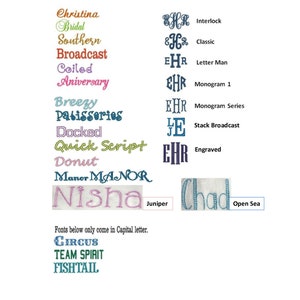 Może przedstawiać: Wykres r&oacute;żnych czcionek do haftu z nazwami takimi jak "Christina", "Bridal", "Southern", "Broadcast", "Coiled", "Anniversary", "Breezy", "Patisseries", "Docked", "Quick Script", "Donut", "Manor", "Nisha", "Chad", "Juniper", "Interlock", "Classic", "Letter Man", "Monogram 1", "Monogram Series", "Stack Broadcast", "Engraved", "Open Sea", "Circus", "Team Spirit" i "Fishtail".