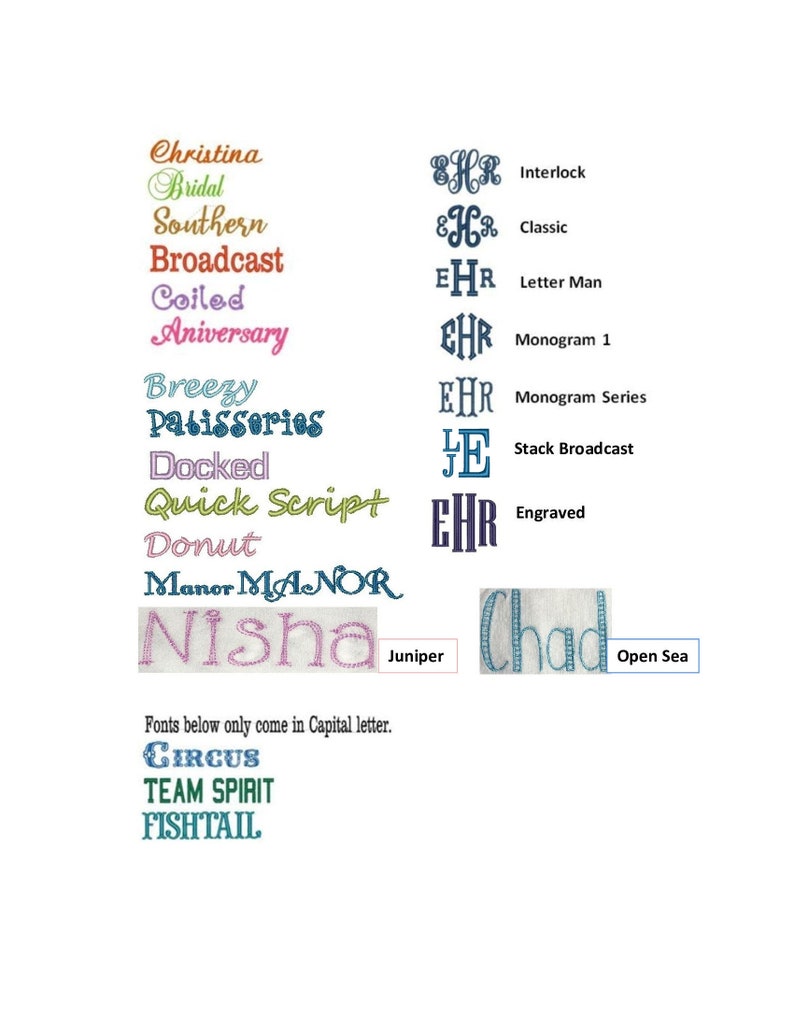Może przedstawiać: Wykres r&oacute;żnych czcionek do haftu z nazwami takimi jak "Christina", "Bridal", "Southern", "Broadcast", "Coiled", "Anniversary", "Breezy", "Patisseries", "Docked", "Quick Script", "Donut", "Manor", "Nisha", "Chad", "Juniper", "Interlock", "Classic", "Letter Man", "Monogram 1", "Monogram Series", "Stack Broadcast", "Engraved", "Open Sea", "Circus", "Team Spirit" i "Fishtail".
