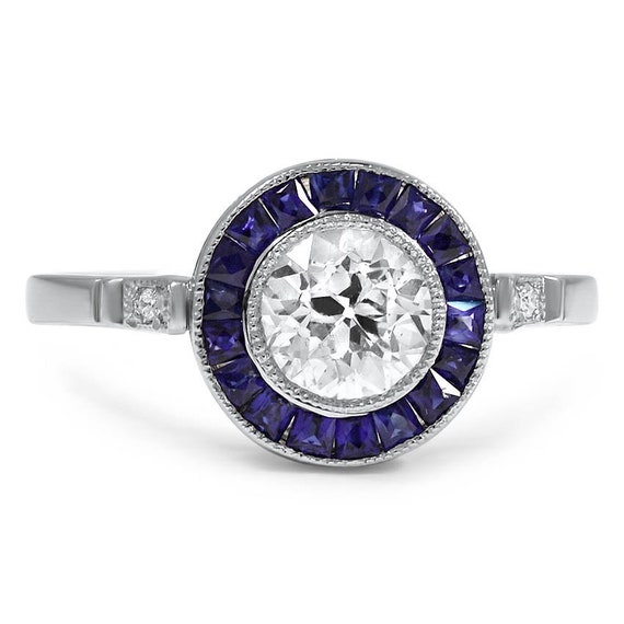 Brilliant Art Deco Platinum Diamond & Sapphire Target Ring Circa 1920