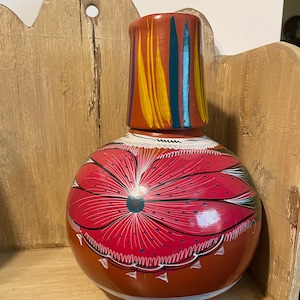 Mexican Water Jug, Mexican Clay Handpainted Water Pot with Glass,