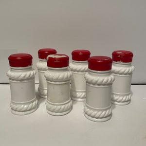 Set of 8 Vintage White Milk Glass Rope Scroll Screw Top Shaker 3 1/2&quot; Spice Jars with Red Lids