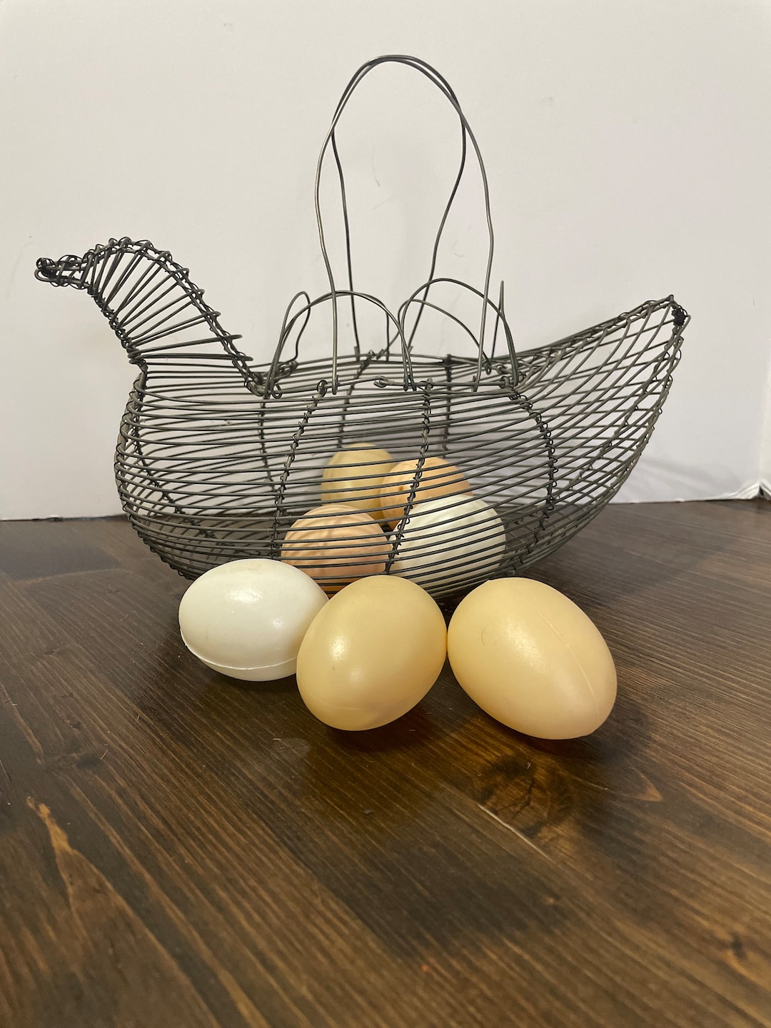 Vintage Wire Chicken Shaped Egg Basket, 9 Inches Tall and 11 Inches