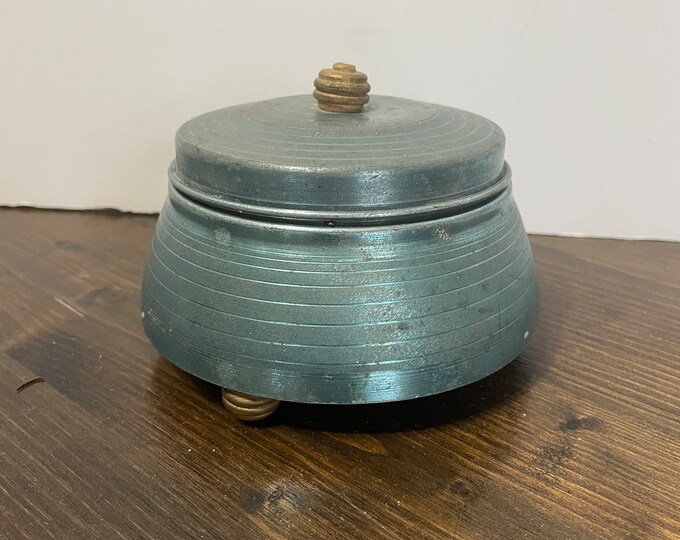 Vintage Aluminum Powder Puff Music Box, Vanity Music Box, Trinket Box