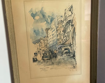 Vintage Signed Jan Korthals Framed Water Color Piazza Caricamento Genova dated 12 1973 Gallery Wall 13 x 17